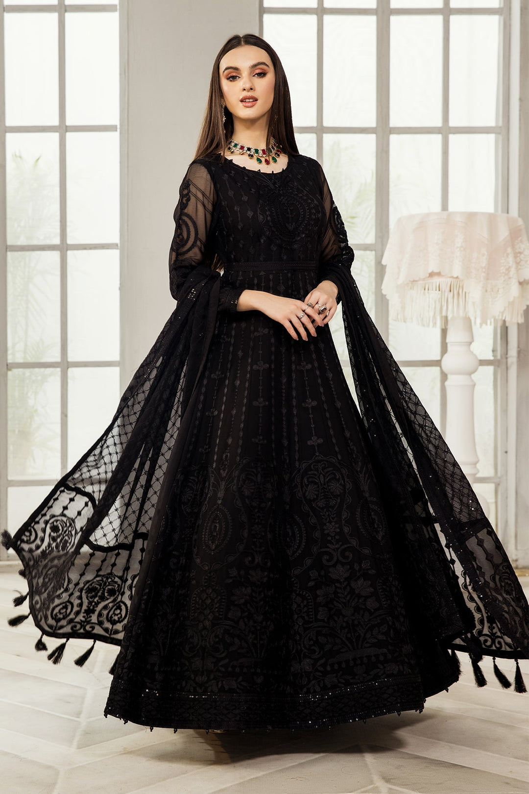 Classic Black Net Pakistani Frock Dupatta Party Dress Nameera by Farooq