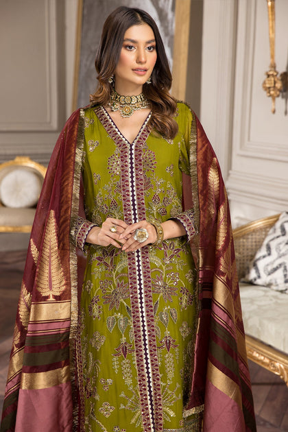 Classic Mehndi Pakistani Embroidered Gown Wedding Dress – Nameera by Farooq