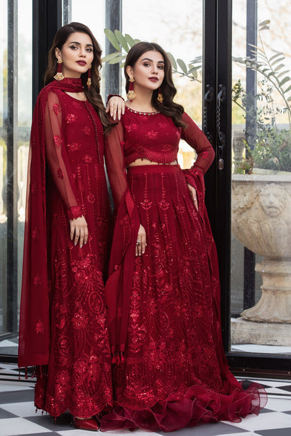 Red Pakistani Embroidered Frock Lehenga Wedding Dress – Nameera by Farooq