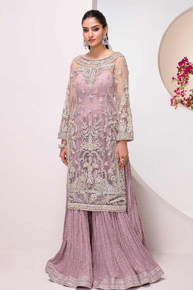 New Lavender Kameez Pakistani Wedding Dress in Crushed Sharara Style