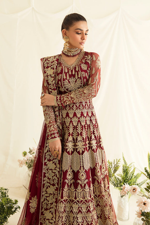 New Maroon Heavily Embellished Pakistani Wedding Dress in Pishwas Style