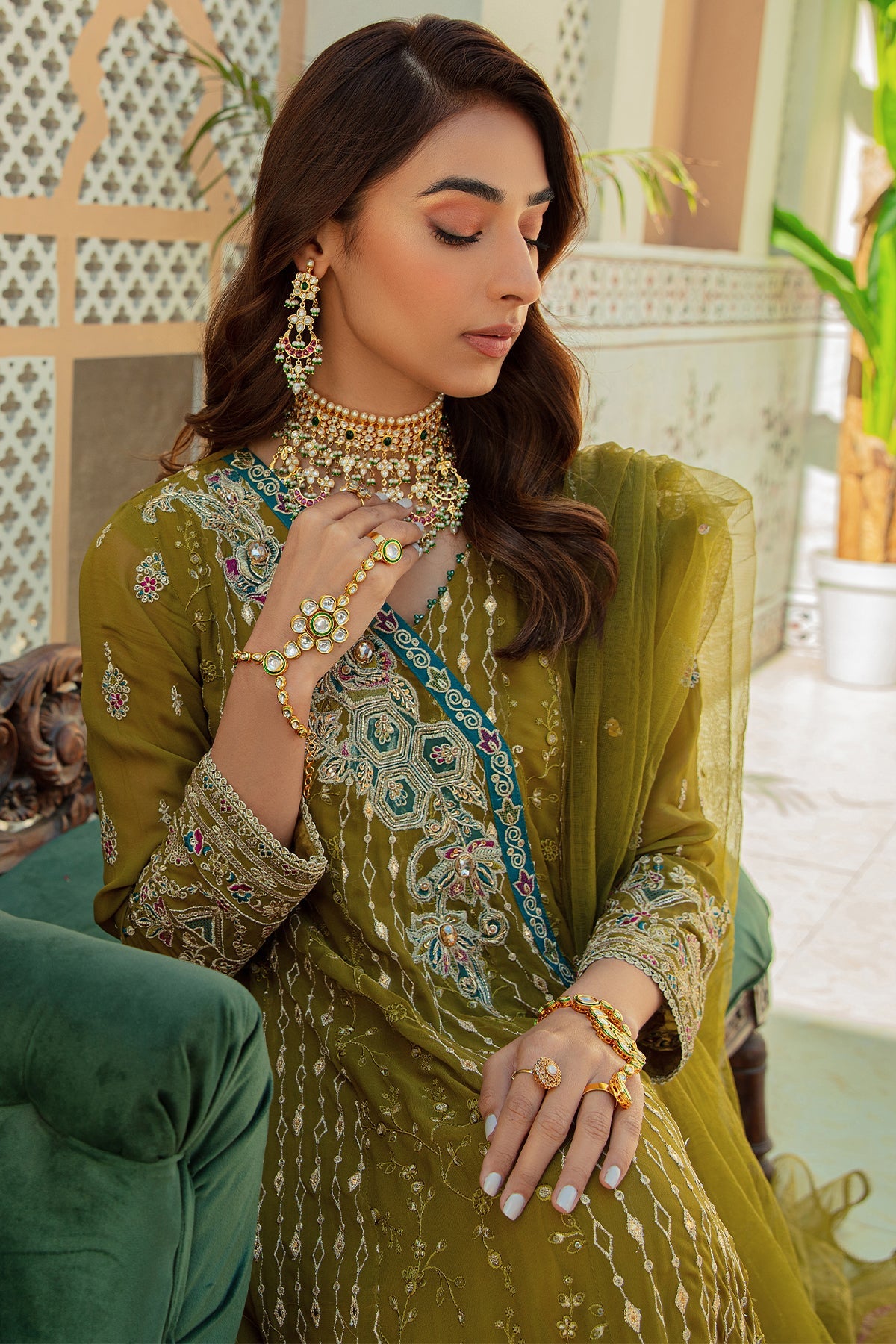 Olive Green Pakistani Wedding Dress Pishwas Frock Style – Nameera by Farooq