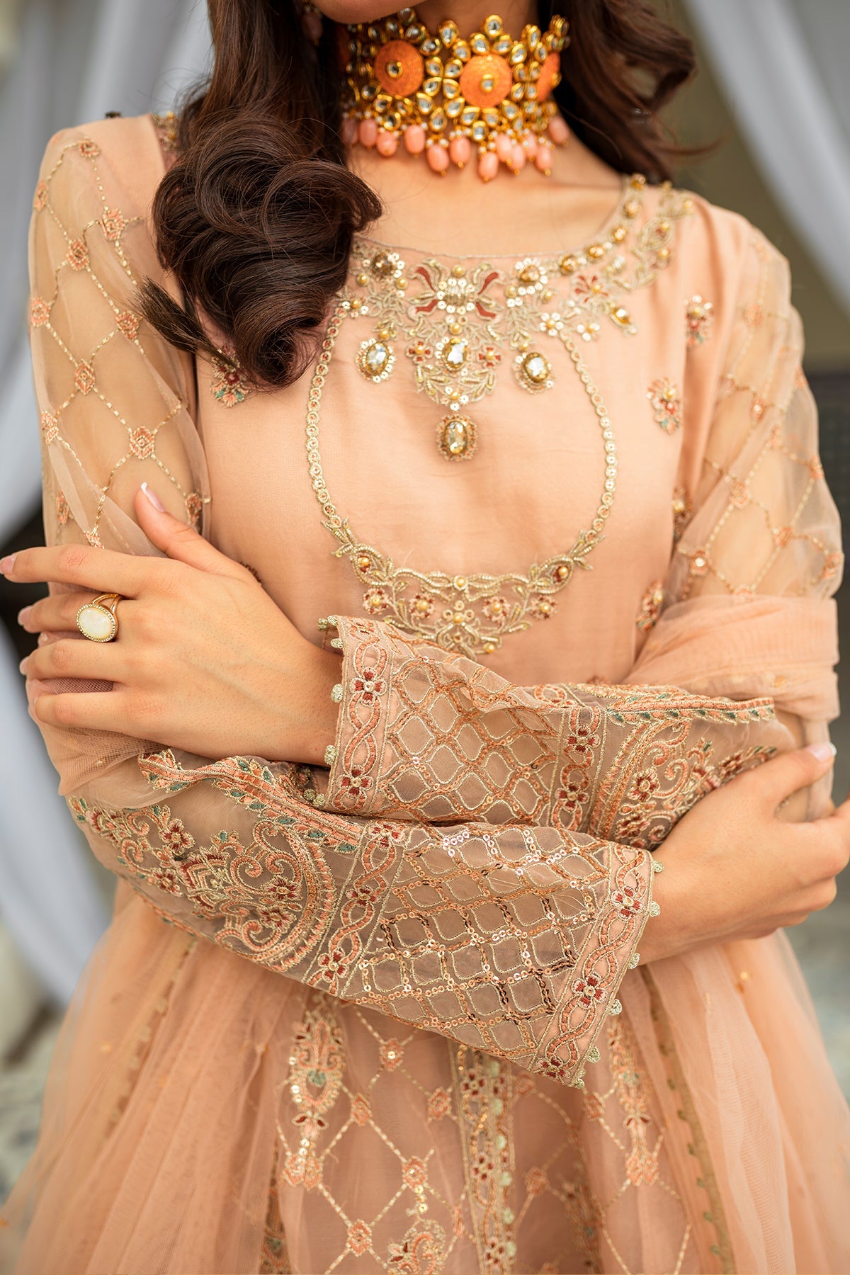 Luxury Peach Double Layered Pishwas Pakistani Wedding Dress Nameera By Farooq 1538