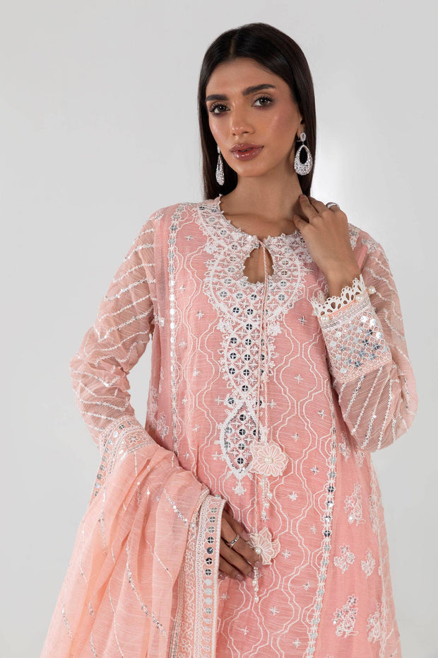 New Peach Poly Cotton Slub A-Line Pakistani Party Dress in Sharara Style