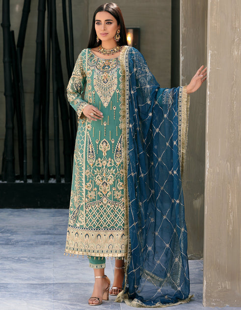 Sea Green Embellished Pakistani Salwar Kameez Suit – Nameera by Farooq