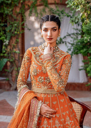 Orange Pakistani Party Dress in Pishwas Frock Style