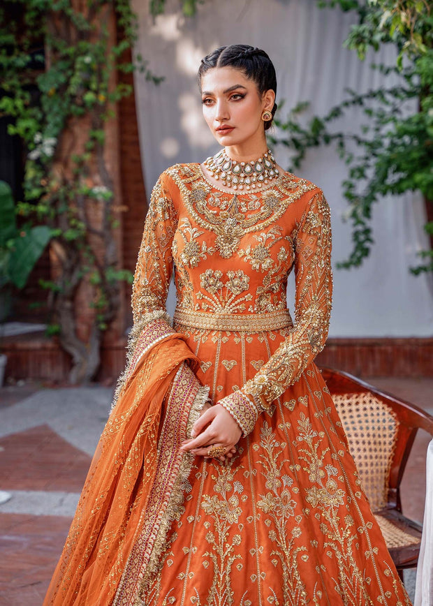 Orange Pakistani Party Dress in Pishwas Style