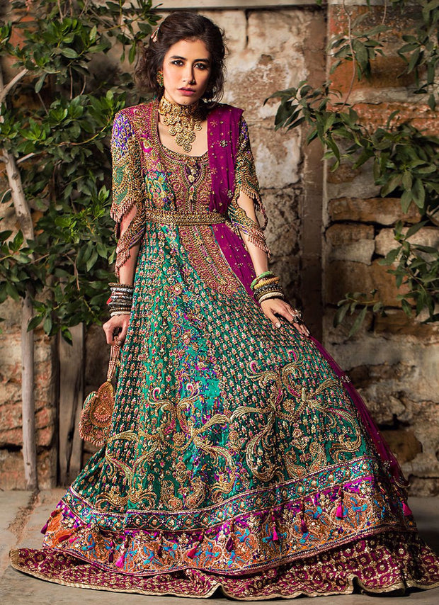 Pakistani Bridal Dress in Chiffon Kalidaar and Silk Lehenga Style