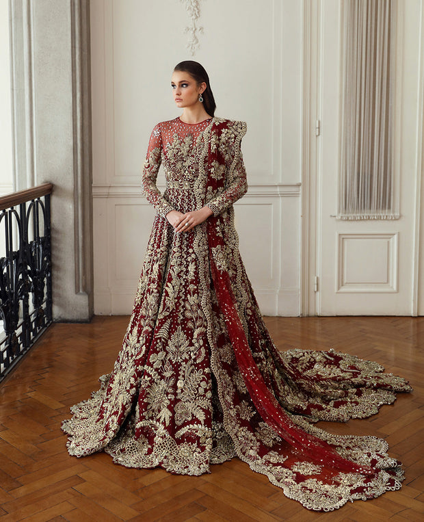 Pakistani Bridal Dress in Embellished Red Gown Style