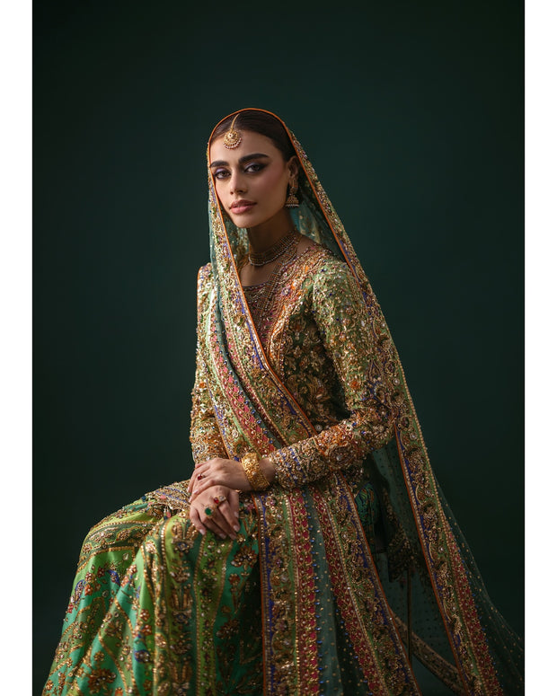 Pakistani Bridal Dress in Green Gharara Kameez Style Online