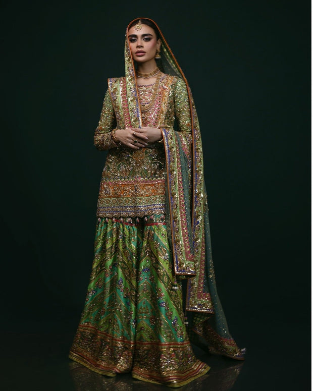 Pakistani Bridal Dress in Green Gharara Kameez Style