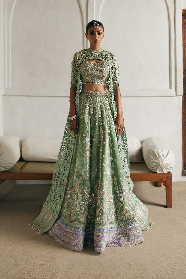 Pakistani Bridal Dress in Green Lehenga Choli Style Online