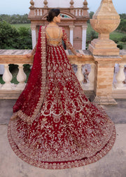 Red Pakistani Bridal Dress in Lehenga and Pishwas Style