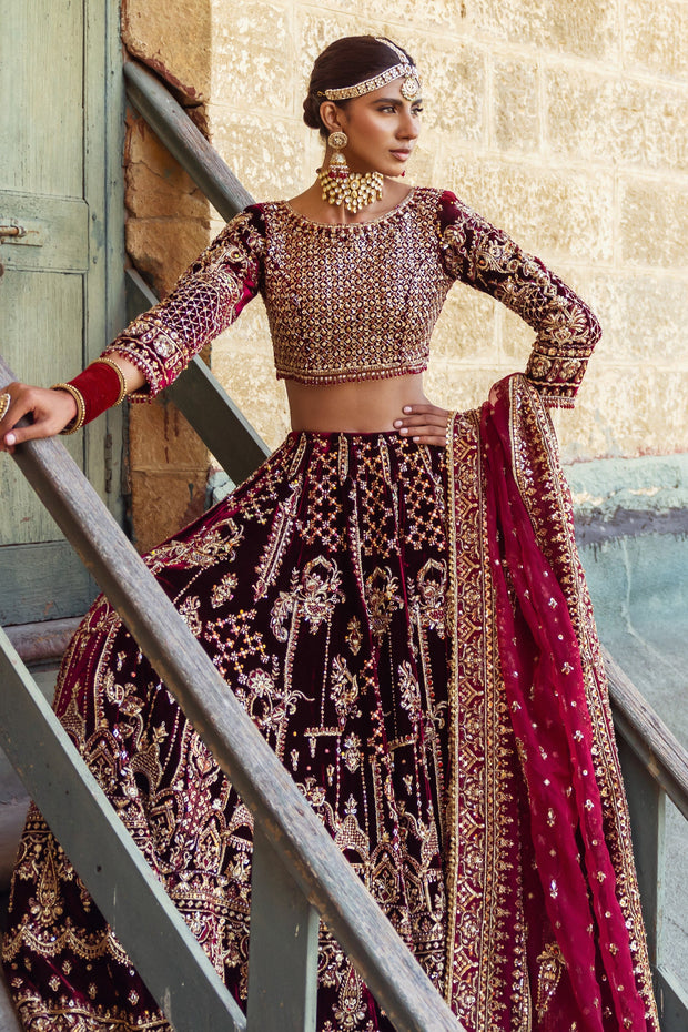 Pakistani Bridal Dress in Maroon Lehenga Choli Style Online