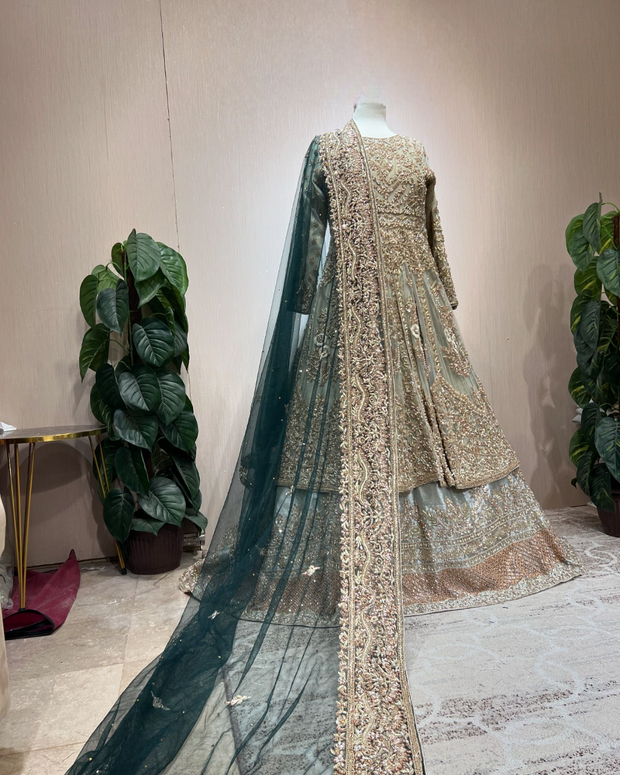 Pakistani Bridal Dress in Open Frock and Lehenga Style