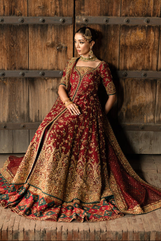 Pakistani Bridal Dress in Open Frock and Lehenga Style