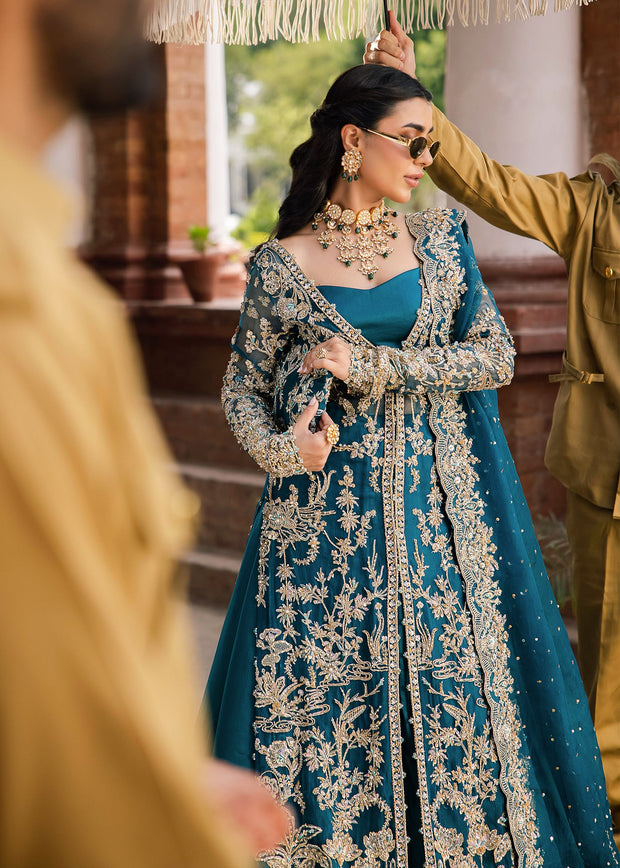 Pakistani Bridal Dress in Open Gown Blue Lehenga Style Online