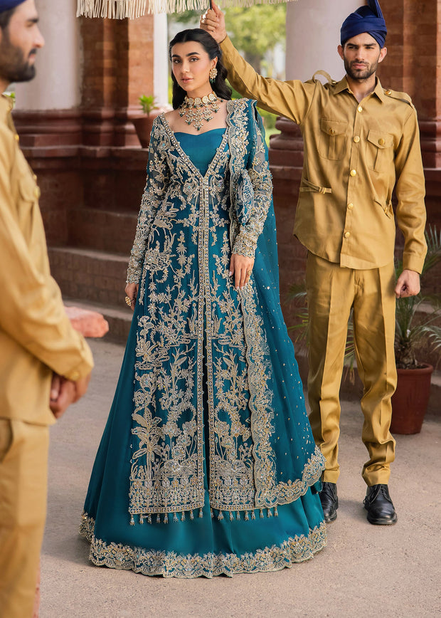 Pakistani Bridal Dress in Open Gown Blue Lehenga Style