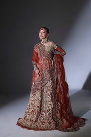 Red Pakistani Bridal Dress in Open Gown Lehenga Style