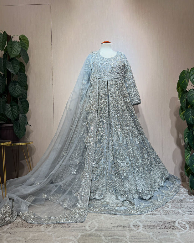 Pakistani Bridal Dress in Open Gown and Lehenga Style