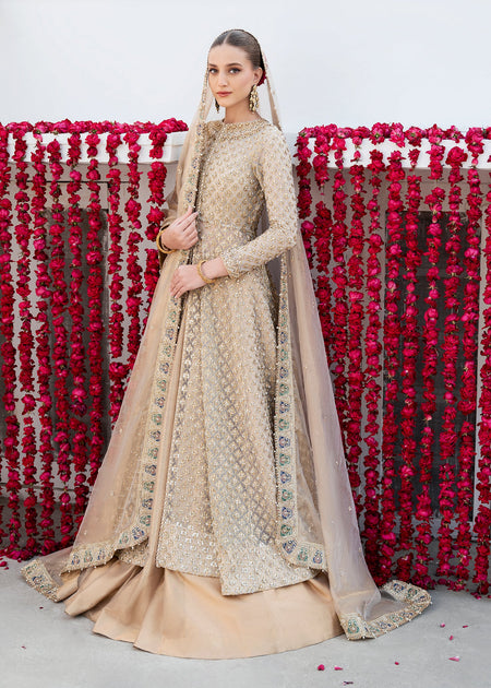 Pakistani Bridal Dress in Open Gown and Lehenga Style – Nameera by Farooq