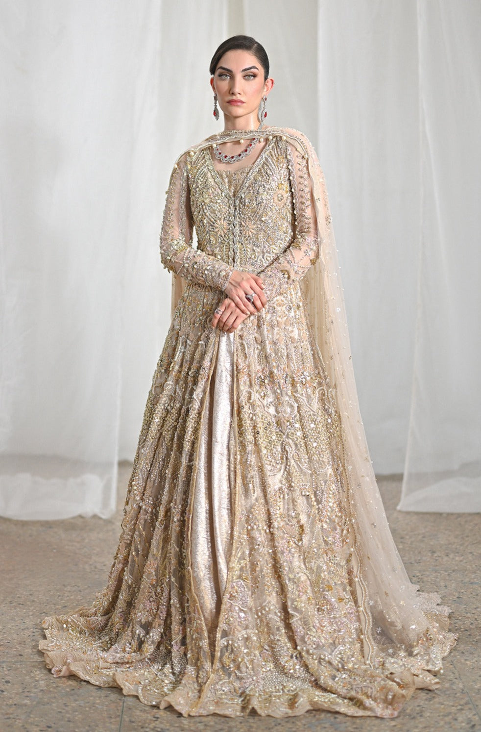 Pakistani Bridal Dress in Open Gown and Lehenga Style – Nameera by Farooq