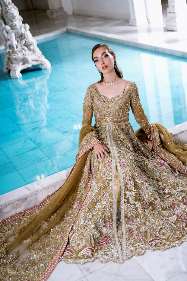 Pakistani Bridal Dress in Open Maxi and Lehenga Style