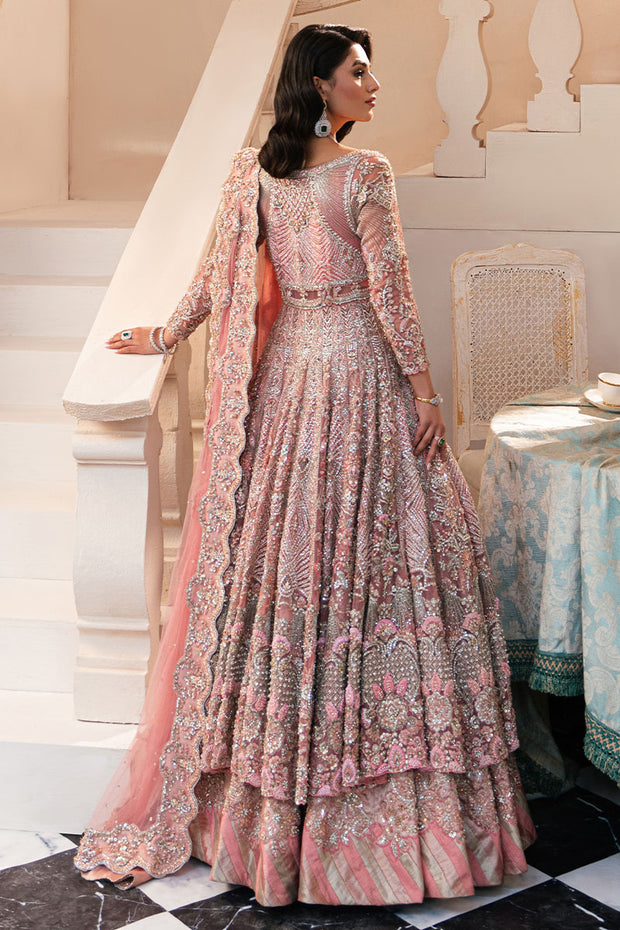 Pakistani Bridal Dress in Open Pishwas and Pink Lehenga Style