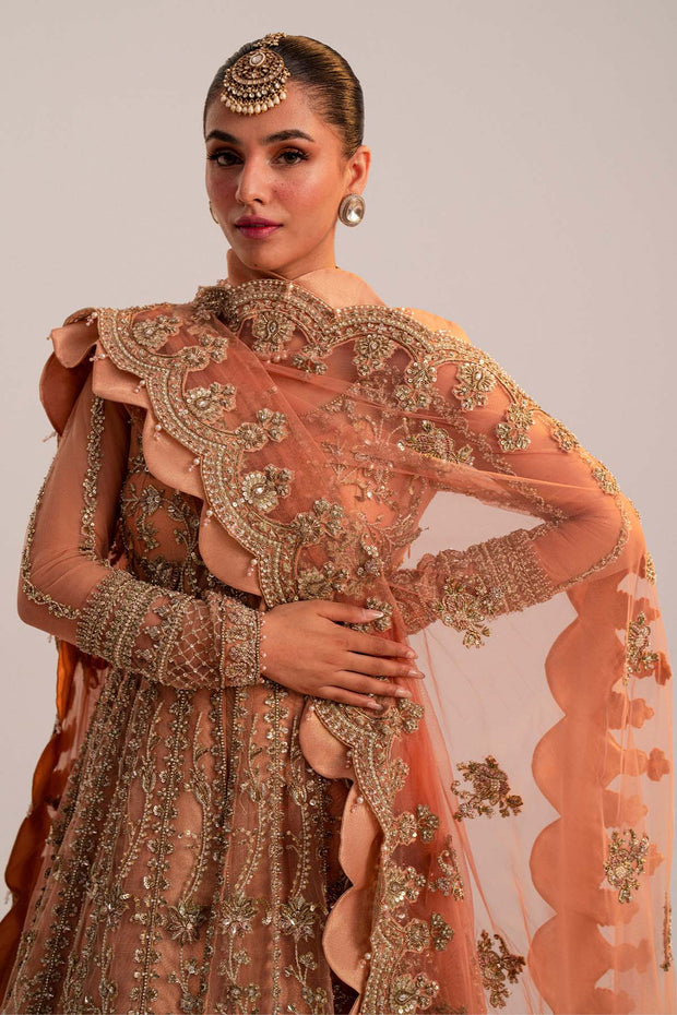 Pakistani Bridal Dress in Peach Lehenga Pishwas Style Online