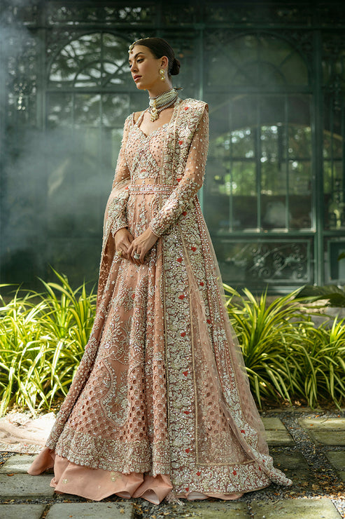 Pakistani Bridal Dress in Peach Lehenga and Kameez Style