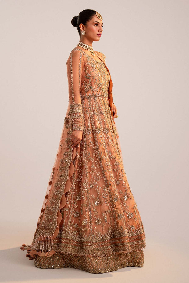 Pakistani Bridal Dress in Peach Lehenga and Pishwas Style