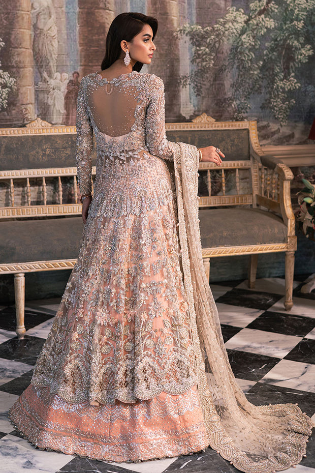 Pakistani Bridal Dress in Peach Pishwas Lehenga Dupatta Style