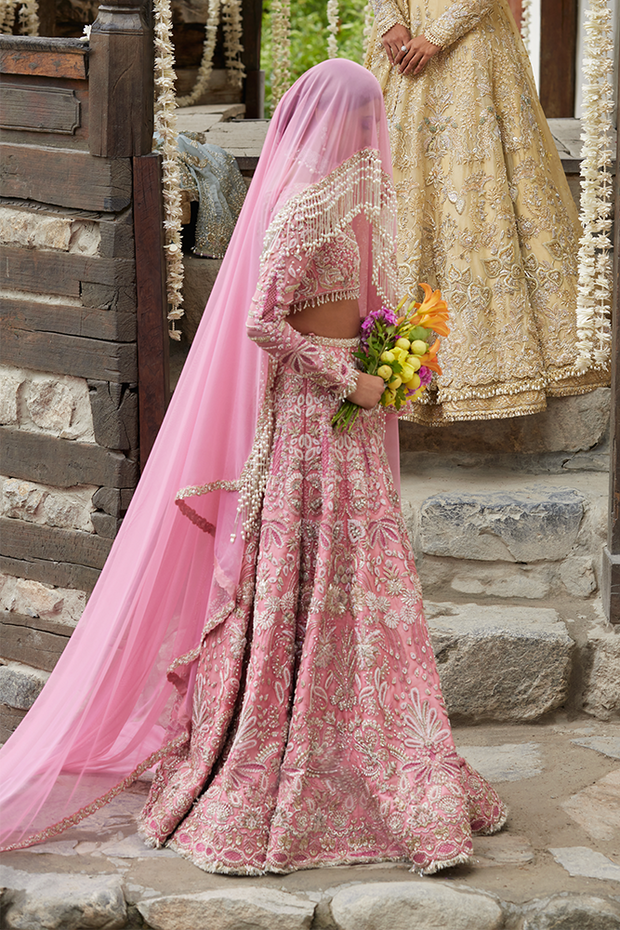 Pakistani Bridal Dress in Pink Choli and Lehenga Style Online