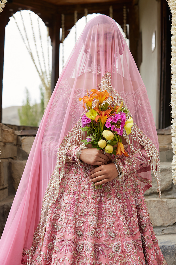 Pakistani Bridal Dress in Pink Choli and Lehenga Style