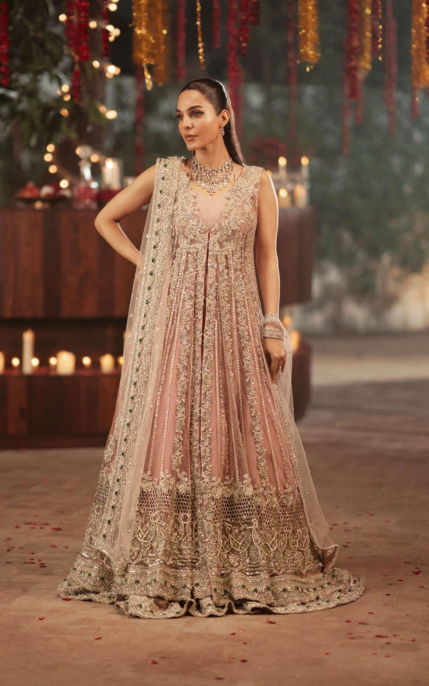 Pakistani Bridal Dress in Pink Open Gown Lehenga Style