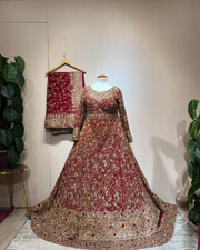 Pakistani Bridal Dress in Pishwas Dupatta and Red Lehenga Style