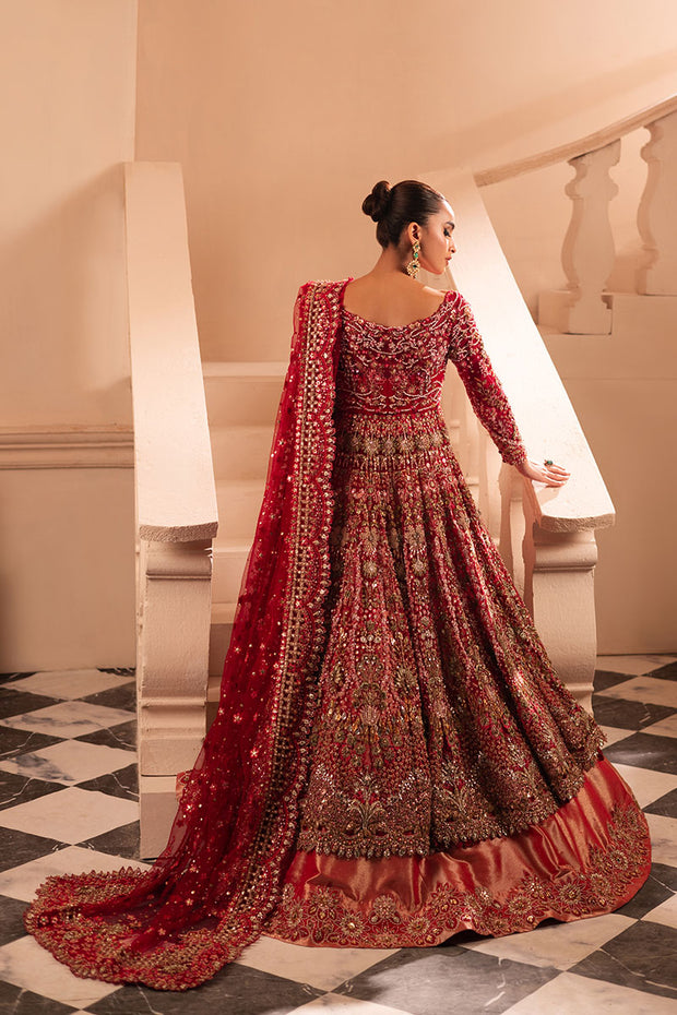 Pakistani Bridal Dress in Pishwas Dupatta and Red Lehenga Style