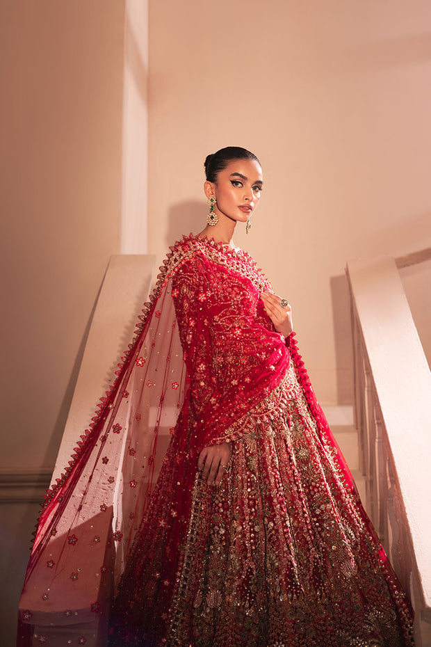 Pakistani Bridal Dress in Pishwas and Red Lehenga Style