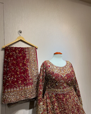 Pakistani Bridal Dress in Pishwas and Red Lehenga Style