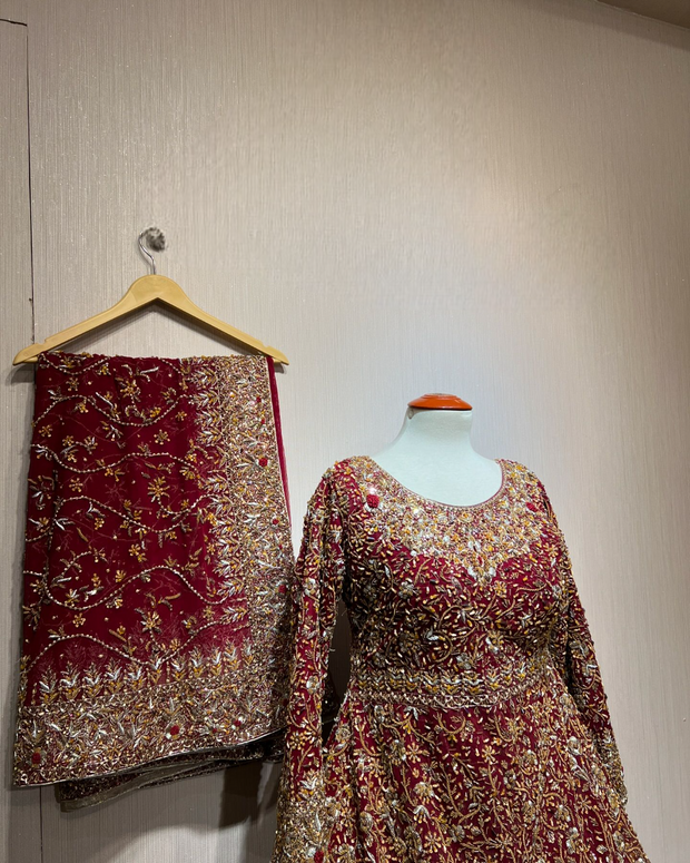 Pakistani Bridal Dress in Pishwas and Red Lehenga Style