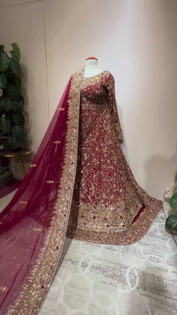 Pakistani Bridal Dress in Pishwas and Red Lehenga Style Online