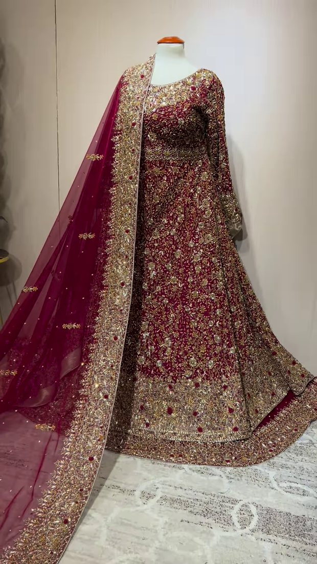 Pakistani Bridal Dress in Pishwas and Red Lehenga Style