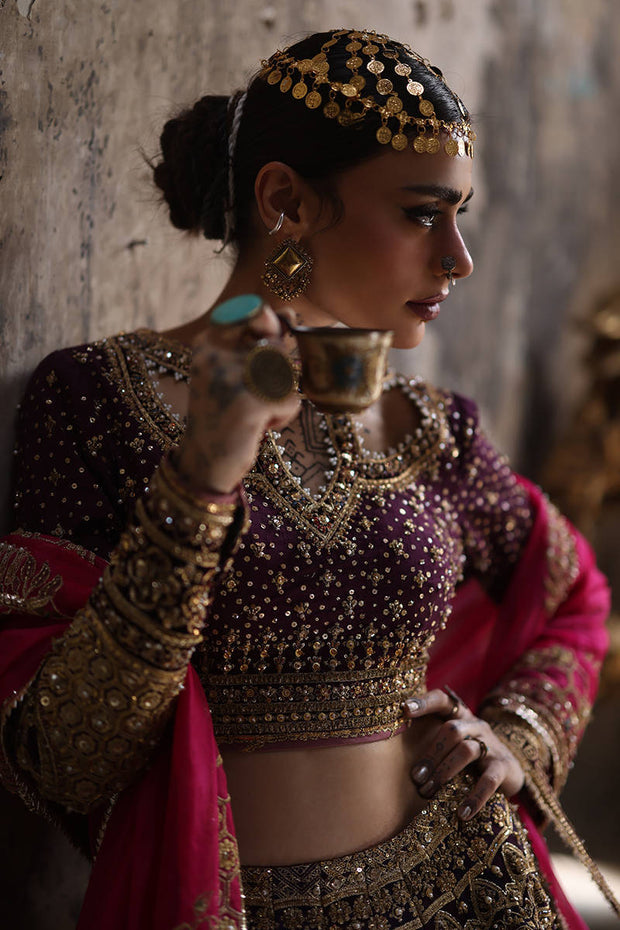 Pakistani Bridal Dress in Purple Choli and Lehenga Style