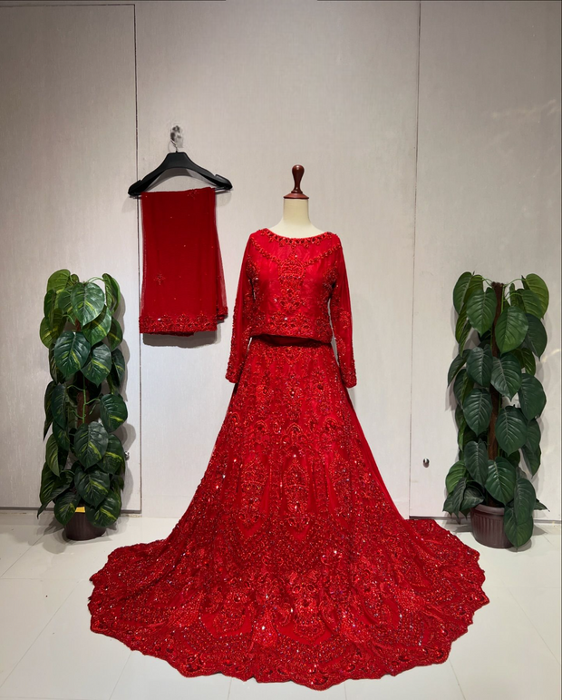 Pakistani Bridal Dress in Red Choli and Lehenga Style