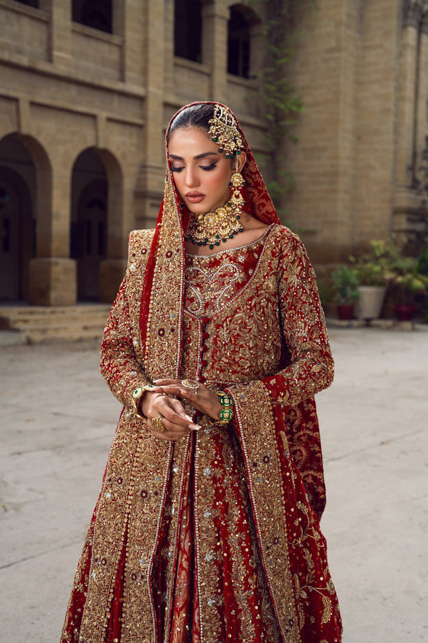 Pakistani Bridal Dress in Red Gown Lehenga Style