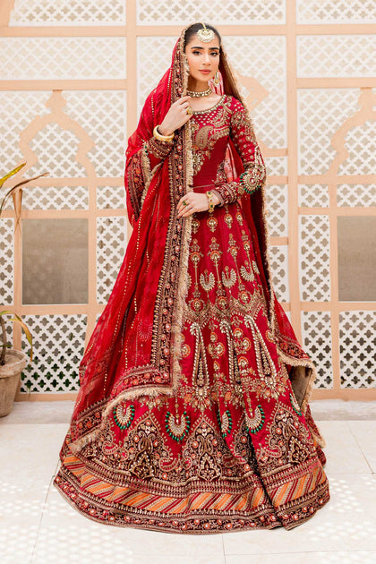 Pakistani Bridal Dress in Red Lehenga and Choli Style – Nameera by Farooq