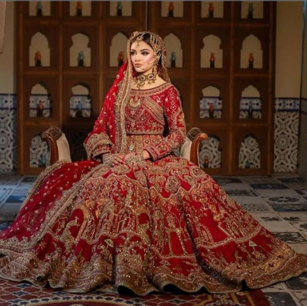 Pakistani Bridal Dress in Red Lehenga and Choli Style