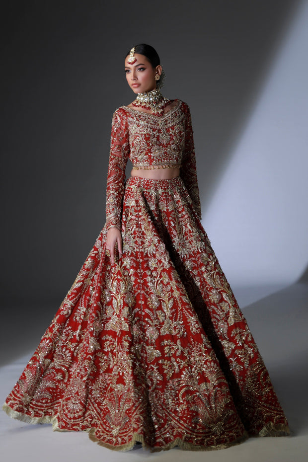 Pakistani Bridal Dress in Red Lehenga and Choli Style