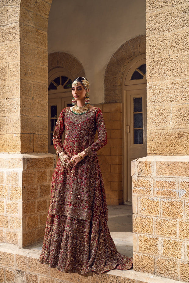 Pakistani Bridal Dress in Red Lehenga and Kameez Style