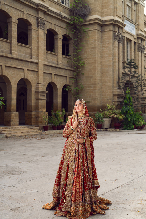 Pakistani Bridal Dress in Red Open Gown Lehenga Style Online